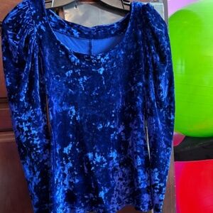 Betsey Johnson Electric Blue Crushed Velvet Puff Sleeve Top Wide Scoop Neck –Lrg